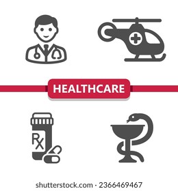 Healthcare Icons. Health Care, Doctor, Helicopter, Pills, Bowl of Hygieia Vector Icon