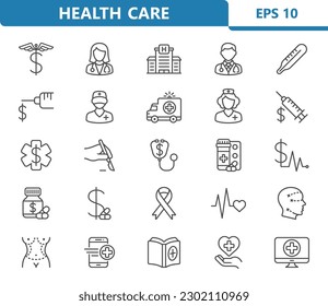 Healthcare Icons. Health Care, Hospital, Medical Vector Icon Set. Professional, pixel perfect icons.