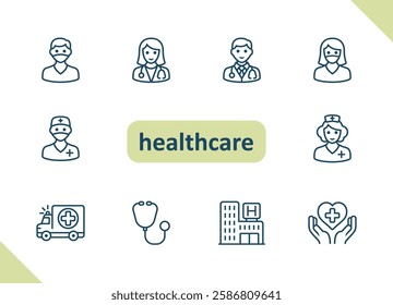 Healthcare icons. Health care, hospital, medical vector icon set