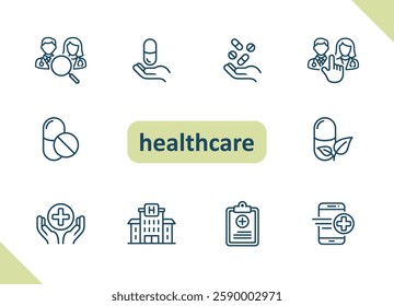 Healthcare icons. Health care, hospital, medical vector icon set