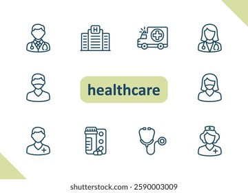 Healthcare icons. Health care, hospital, medical vector icon set