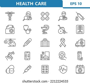 Healthcare Icons. Health Care, Medical, Hospital Vector Icon Set. Professional, pixel perfect icons. EPS 10 format.