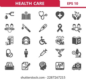 Healthcare Icons. Health Care, Medical, Hospital Vector Icon Set. Professional, pixel perfect icons. EPS 10 format.