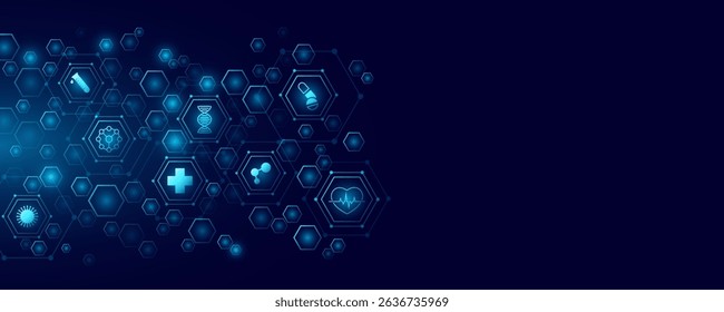 Healthcare icons inside pattern of glowing hexagons for medical research presentation background. Futuristic innovation health care plan concept. Vector illustration