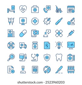 Healthcare icons. Outline symbols. Vector blue line icons set