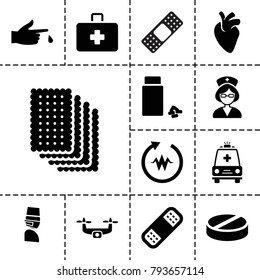 Healthcare icons. set of 13 editable filled healthcare icons such as pill, bandage, medicine, heartbeat, injured finger, ambulance, nurse, first aid kit, heart organ
