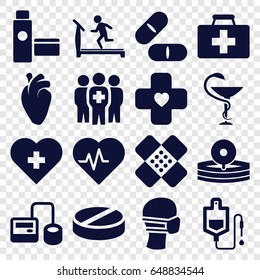 Healthcare icons set. set of 16 healthcare filled icons such as treadmill, first aid kit, blod pressure tool, drop counter, pill, heart organ, medical mask, medical group