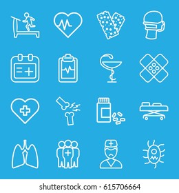 Healthcare icons set. set of 16 healthcare outline icons such as treadmill, medical mask, medicine, bandage, heartbeat clipboard, doctor, medical group, lungs