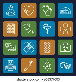 Healthcare icons set. set of 16 healthcare outline icons such as toothbrush, first aid kit, hospital, stethoscope, pill, bandage, mri, heartbeat, medicine, virus and pills