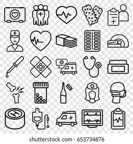 Healthcare icons set. set of 25 healthcare outline icons such as cream box, heartbeat, case with heart, stethoscope, pipette, drop counter, pill, ampoule, medical mask