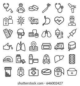 Healthcare icons set. set of 36 healthcare outline icons such as cream box, toothbrush, tablet, heartbeat, first aid kit, stethoscope, blod pressure tool, drop counter, pill