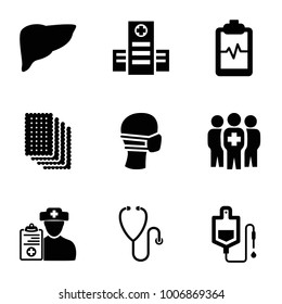 Healthcare icons. set of 9 editable filled healthcare icons such as hospital, drop counter, medical mask, heartbeat clipboard, medical group, doctor prescription, stethoscope