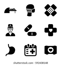healthcare icons set. Set of 9 healthcare filled icons such as case with heart, pill, stomach, medical mask, doctor, MRI, bandage