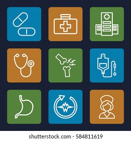 healthcare icons set. Set of 9 healthcare outline icons such as first aid kit, hospital, stethoscope, drop counter, pill, stomach, nurse, broken leg or arm