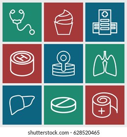 Healthcare icons set. set of 9 healthcare outline icons such as cream, hospital, pill, liver, lungs, stethoscope, medical reflector