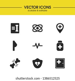 Healthcare icons set with chest, rhythm and pill bottle elements. Set of healthcare icons and phial concept. Editable vector elements for logo app UI design.
