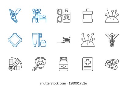 healthcare icons set. Collection of healthcare with band aid, hospital, medicine, color, caduceus, needles, tooth brush, toothbrush, patch. Editable and scalable healthcare icons.