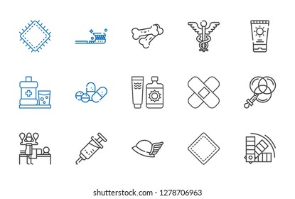 healthcare icons set. Collection of healthcare with color, patch, hermes, vaccine, massage, sun cream, pills, mouthwash, caduceus, bones. Editable and scalable healthcare icons.