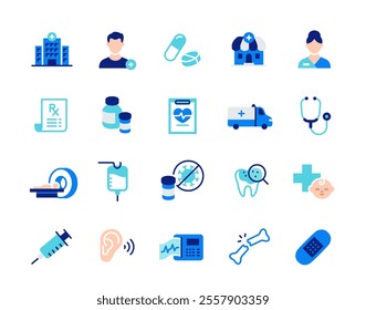 Healthcare Icons Set. Colorful signs related to medicine. Patient, hospital, cardiogram, injury, infection prevention, doctor, injection. Flat vector illustration collection isolated on background