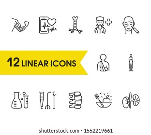 Healthcare icons set with crutches, spine and trachea elements. Set of healthcare icons and backbone concept. Editable vector elements for logo app UI design.