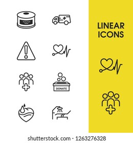 Healthcare icons set with donor holding, safety work and medical clinic elements. Set of healthcare icons and hospital care concept. Editable vector elements for logo app UI design.