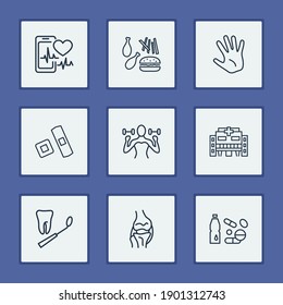 Healthcare icons set with fitness, plaster and bone joint elements. Set of healthcare icons and stomatology tool concept. Editable vector elements for logo app UI design.