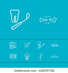 Healthcare icons set with heartbeat tracker app, leg and crack in bone elements. Set of healthcare icons and stomatology tool concept. Editable vector elements for logo app UI design.