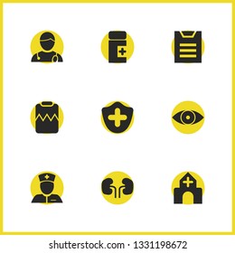Healthcare icons set with hospital, kidneys and medical protection elements. Set of healthcare icons and sight concept. Editable vector elements for logo app UI design.