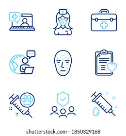 Healthcare Icons Set. Included Icon As Dog Vaccination, Patient History, Nurse Signs. First Aid, Medical Help, Medical Syringe Symbols. Face Biometrics, People Insurance Line Icons. Vector