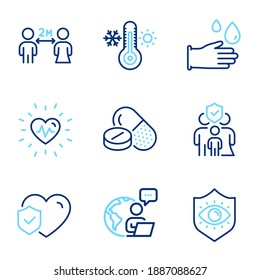 Healthcare icons set. Included icon as Rubber gloves, Medical drugs, Thermometer signs. Heartbeat, Life insurance, Family insurance symbols. Social distancing, Eye protection line icons. Vector