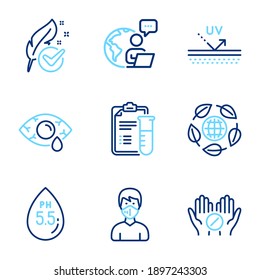 Healthcare icons set. Included icon as Medical analyzes, Uv protection, Ph neutral signs. Medical mask, Conjunctivitis eye, Eco organic symbols. Hypoallergenic tested line icons. Vector