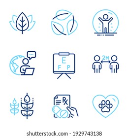 Healthcare icons set. Included icon as Gluten free, Vision board, Leaves signs. Recovered person, Organic tested, Social distancing symbols. Pets care, Prescription drugs line icons. Vector