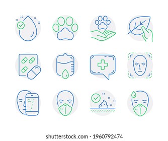 Healthcare Icons Set. Included Icon As Pets Care, Medical Mask, Organic Tested Signs. Capsule Pill, Medical Chat, Face Biometrics Symbols. Dog Paw, Vitamin E, Face Detection. Drop Counter. Vector