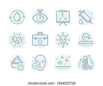 Healthcare icons set. Included icon as Medical syringe, Face biometrics, Eye laser signs. Cold-pressed oil, Health skin, First aid symbols. Clean skin, Medical drugs, Uv protection. Vector