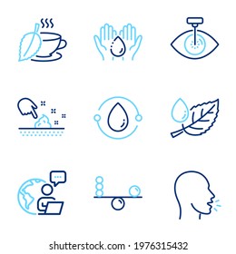 Healthcare icons set. Included icon as Skin moisture, Balance, Leaf dew signs. Cold-pressed oil, Cough, Wash hands symbols. Mint tea, Eye laser line icons. Wet cream, Concentration. Vector