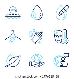 Healthcare icons set. Included icon as Eye drops, Mint leaves, Uv protection signs. Washing hands, Fever, Health eye symbols. Slow fashion, Leaf dew line icons. Pipette, Mentha herbal. Vector