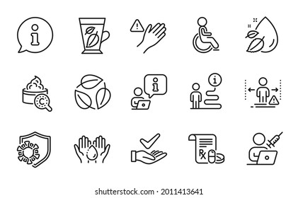 Healthcare icons set. Included icon as Medical prescription, Wash hands, Mint leaves signs. Dermatologically tested, Disabled, Coronavirus symbols. Vaccination appointment, Water drop. Vector