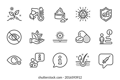 Healthcare icons set. Included icon as Coronavirus, Sick man, Organic product signs. Medical drugs, Medical tablet, Vaccine message symbols. Myopia, Night cream, Grow plant. Not looking. Vector
