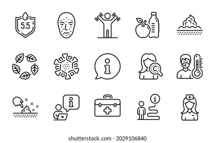 Healthcare icons set. Included icon as Face biometrics, Dumbbells workout, Skin care signs. Healthy food, Skin moisture, Thermometer symbols. Ph neutral, Organic tested, First aid. Vector