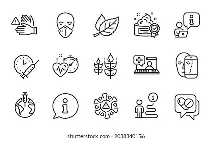 Healthcare icons set. Included icon as Coronavirus, Cream, Pandemic vaccine signs. Medical mask, Gluten free, Medical drugs symbols. Dont touch, Vaccination schedule, Leaf. Cardio training. Vector