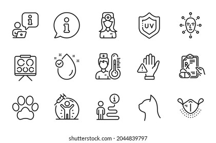 Healthcare icons set. Included icon as Dog paw, Prescription drugs, Dont touch signs. Vision board, Pets care, Oculist doctor symbols. Face biometrics, Vitamin e, Thermometer. Medical mask. Vector