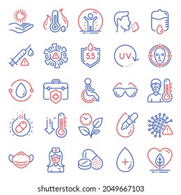 Healthcare icons set. Included icon as Low thermometer, Coronavirus, Ph neutral signs. Drop counter, Vaccine attention, Medical mask symbols. Cough, Eyeglasses, Covid virus. Thermometer. Vector