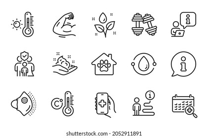 Healthcare icons set. Included icon as Cold-pressed oil, Dumbbells, Celsius thermometer signs. Strong arm, Family insurance, Pet shelter symbols. Medical calendar, Skin care, Health app. Vector