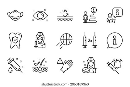 Healthcare Icons Set. Included Icon As Anti-dandruff Flakes, Health Eye, Medical Mask Signs. Basketball, Coronavirus Vaccine, Use Gloves Symbols. Nurse, Vaccine Announcement, Vaccination. Vector