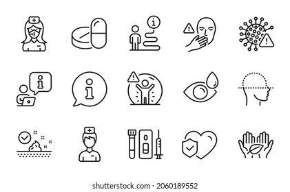 Healthcare Icons Set. Included Icon As Nurse, Face Scanning, Doctor Signs. Fair Trade, Life Insurance, Blood And Saliva Test Symbols. Medical Drugs, Social Distance, Covid Virus. Eye Drops. Vector