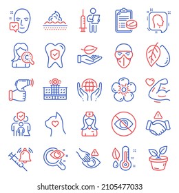 Healthcare Icons Set. Included Icon As Hospital Nurse, Medical Mask, Skin Care Signs. Strong Arm, Mineral Oil, Vaccination Announcement Symbols. Hospital Building, Leaf, Dont Touch. Head. Vector