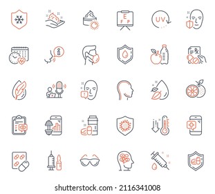 Healthcare Icons Set. Included Icon As Medical Vaccination, Hypoallergenic Tested And Uv Protection Web Elements. Cardio Calendar, Sun Cream, Face Attention Icons. Orange. Vector