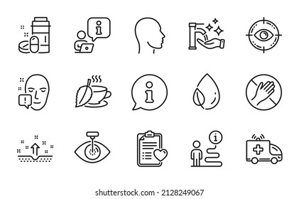 Healthcare Icons Set. Included Icon As Head, Clean Skin, Eye Laser Signs. Eye Target, Face Attention, Medical Drugs Symbols. Patient History, Washing Hands, Leaf Dew. Mint Tea, Dont Touch. Vector