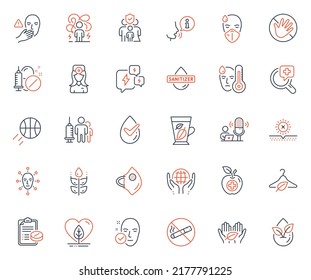 Healthcare icons set. Included icon as Medical vaccination, Medical drugs and Basketball web elements. Health skin, No sun, Face biometrics icons. Fair trade, Gluten free, Dont touch web signs. Vector