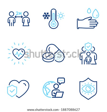 Healthcare icons set. Included icon as Rubber gloves, Medical drugs, Thermometer signs. Heartbeat, Life insurance, Family insurance symbols. Social distancing, Eye protection line icons. Vector